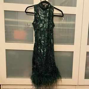 COPY - Green Cocktail Dress Sequin Lace and Feathers